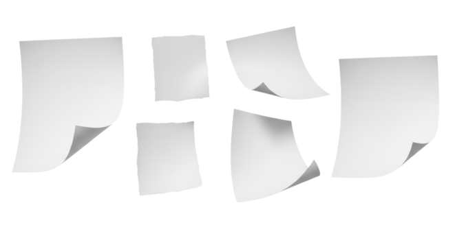 Blank white falling sheets of paper graphic element for note taking and message design isolated PNG with Transparent Background