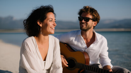 Happy couple enjoying a sunny day on the beach woman playing acoustic guitar while man holds a drink and smiles at her, golden sunlight, mountains in background, joyful summer mood