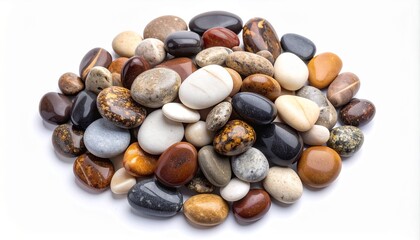 Pile of smooth, colorful river stones and pebbles on a white background, natural polished rocks for decor or landscaping