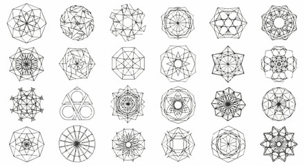 Geometric shapes and patterns in a detailed line drawing, , showcasing symmetry and design