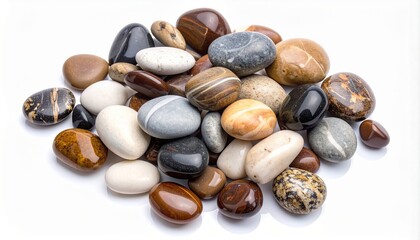 Obraz premium Pile of smooth, polished river stones and pebbles in various natural colors and patterns on a white background, perfect for spa, nature, or decorative themes.