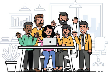 A diverse group of happy business colleagues waving together.