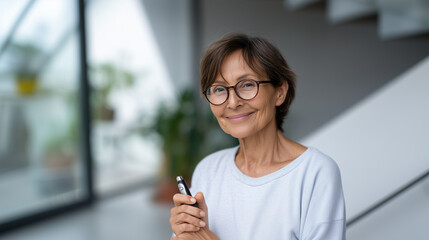 Happy senior woman using blood sugar monitor at home, wearing glasses and casual clothes, smiling confidently, diabetes management and healthcare concept, bright natural light, mod