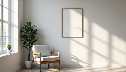 Fototapeta premium Clean modern room interior features light wood armchair, large green plant by sunny window. Sunlight creates window shadows on white wall with blank picture frame. Minimalist home decor, warm space