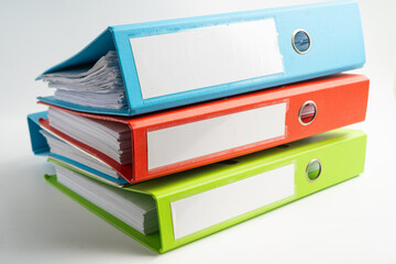 Stack of business finance data finder on white background.