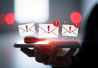 Hand holding smartphone with email alert sign, business people using mobile phone to check electronic mail, spam concepts