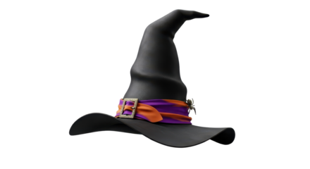 Black witch hat with orange and purple ribbon isolated for Halloween party costume design isolated PNG with Transparent Background