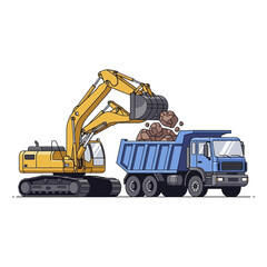 Excavator loading a dump truck with rocks for construction work.