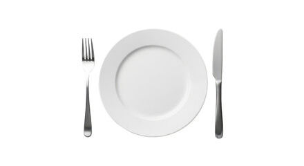Classic empty white dining plate with metal fork and knife isolated for restaurant design isolated PNG with Transparent Background