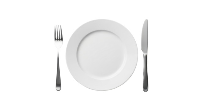 Classic empty white dining plate with metal fork and knife isolated for restaurant design isolated PNG with Transparent Background - Powered by Adobe