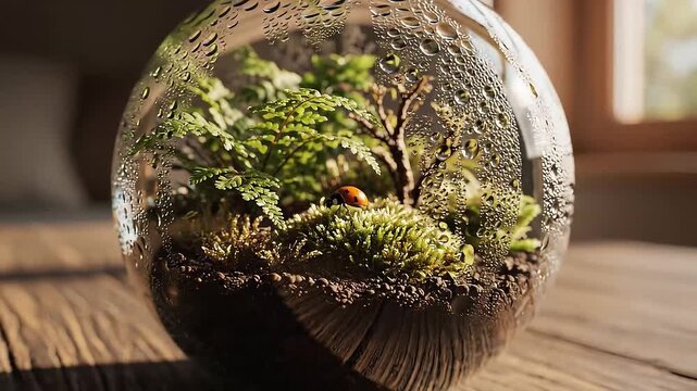 ガラス球の中で息づく小さな生態系と水滴の煌めき