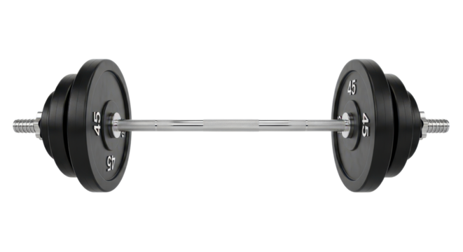 Barbell with black plates fitness equipment for strength training isolated on white background