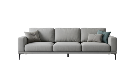 Stylish modern light gray three-seater sofa for contemporary interior design and furniture sales isolated PNG with Transparent Background