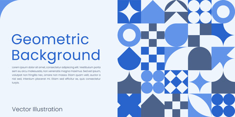 Geometric Abstract Background of simple Blue Shapes with Copy Space in Bauhaus style for Banner, Flyer, Cards, Presentation, Website Design, Landing. Vector template.