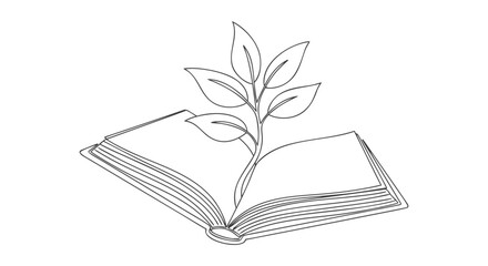 Growing Knowledge An Open Book with a Sprout Depicted in One Continuous Line Art