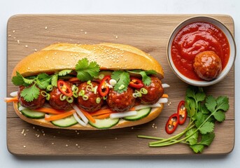 Spicy Chicken Meatball Sub with Marinara Sauce and Fresh Cilantro on Sesame Bun