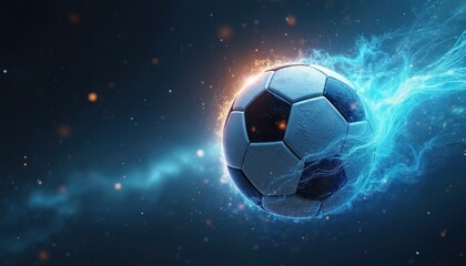 Naklejka premium Soccer ball surrounded by vibrant energy. Football in dynamic motion with blue and orange flares. Illustration sports competition. Abstract sports concept with modern tech design.