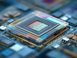 A close-up of a reflective microchip with layered circuits and iridescent surfaces, symbolizing precision, innovation, and the core of modern digital technology