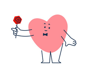 Cute geometric heart character holds rose. Valentine day. Suitable for educational, memory game cards, poster for preschool, etc