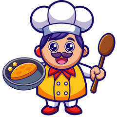 Cartoon Chef Presenting Pasta Dish With Spoon and Pan
