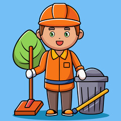 Cartoon Cleaner with Broom and Trash Can on Street