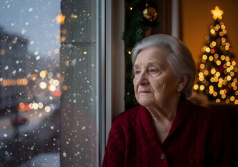 An elderly woman stands by a window, gazing into the snowy city night. Behind her, a softly glowing Christmas tree and warm lights create a contrast to the quiet loneliness outside. Her gentle express