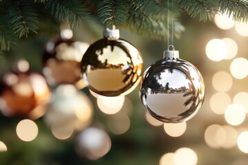 Elegant glass ornaments on christmas tree with twinkling lights