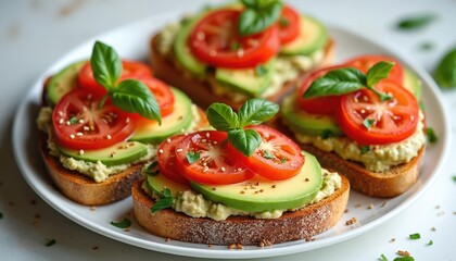 Several avocado toasts are displayed on plate. Each toast is topped with tomatoes avocado hummus and basil. Sesame seeds add a finishing touch to healthy snack. Food is fresh and tasty.