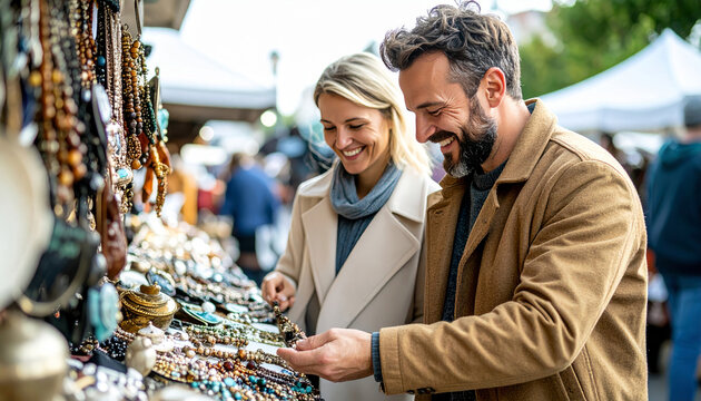 Happy couple shopping together at outdoor flea market