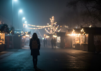 A solitary woman walks through a misty Christmas market filled with glowing lights and soft fog. The festive scene contrasts beauty and quiet loneliness of winter nights.