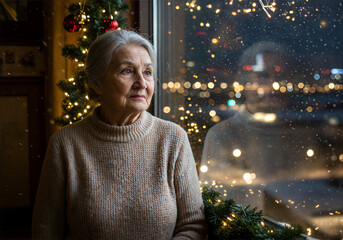 An elderly woman gazes through the frosty window, surrounded by Christmas glow and quiet winter solitude. The city lights blur outside, reflecting warmth and gentle melancholy.