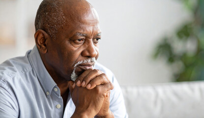 Senior black man thinking experiencing pain and anxiety with Copyspace