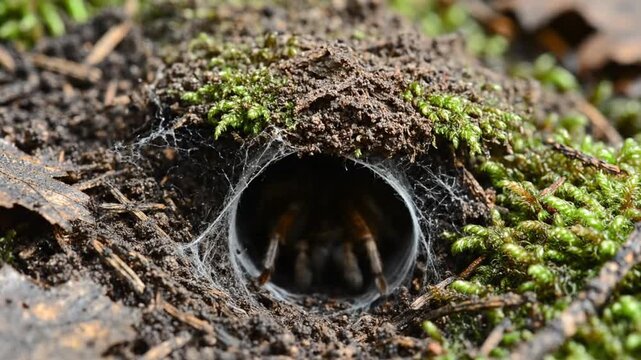 Closeup of a funnelweb spider peeking out of its mosscovered burrow in the forest.