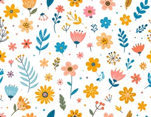 An illustrative flat-design seamless pattern of whimsical, stylized florals in various shapes and vibrant colors. Arranged with foliage on a white background