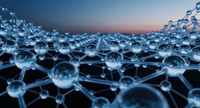 Abstract 3D render of interconnected spheres and lines fading into distance