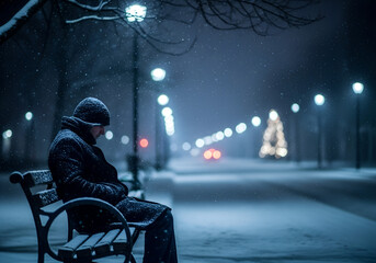 Lonely man on park bench during snowy Christmas night