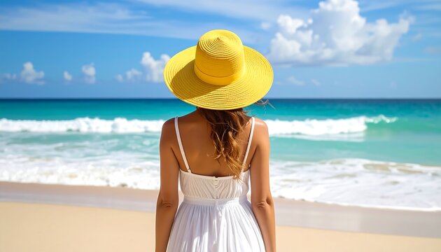 Back view of woman on beach. Wearing white dress and a yellow sunhat. Ocean with waves visible, clear sky. Sandy beach