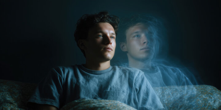 Soul and body reflection in dark room emotional portrait