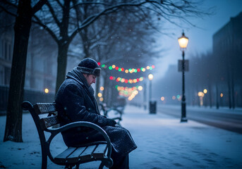 Man reflecting alone on Christmas Eve in snowy park