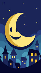 Happy crescent moon over a charming village at night