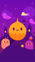 Cute halloween characters and haunted houses on a purple night sky