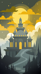 Fantasy castle on a hill under a large moon and starry sky