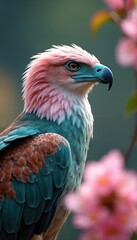 Obraz premium Close up profile shows vibrant pink, teal, and brown feathered eagle-like bird. Its orange eye gazes right intently. Blurred pink flowers beautifully frame unique avian animal in its natural setting.