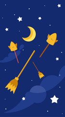 Whimsical halloween night with flying brooms and moon