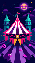 Spooky circus tent with ghostly figures and a skull moon