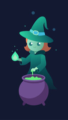 Cute cartoon witch making a potion in a cauldron on halloween night