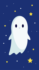 Cute cartoon ghost floating in a starry night sky