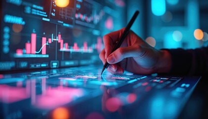 Hand holding digital pen. Person interacts with interactive screen displaying pink and blue graphs. Business analysis and digital marketing concept.