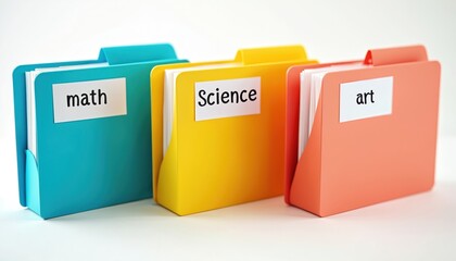 Three file folders labeled Math, Science, Art arranged in row on white surface. Colorful organizers hold papers for different school subjects. Suggest organized approach to learning, documentation.