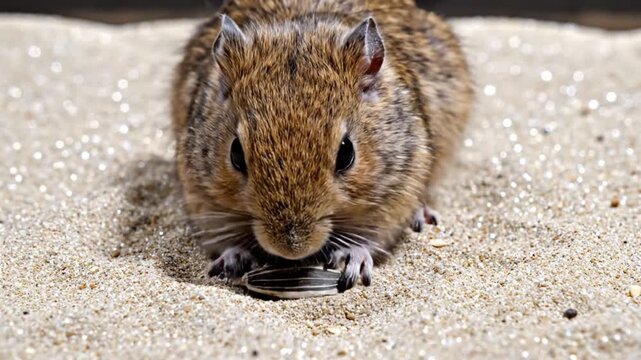 Closeup of a small chipmunk eating a sunflower seed on a sandy surface.